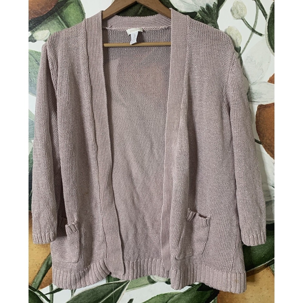 Chicos Size 3 US XL Pink Metallic Open Cardigan Sweater Linen Blend